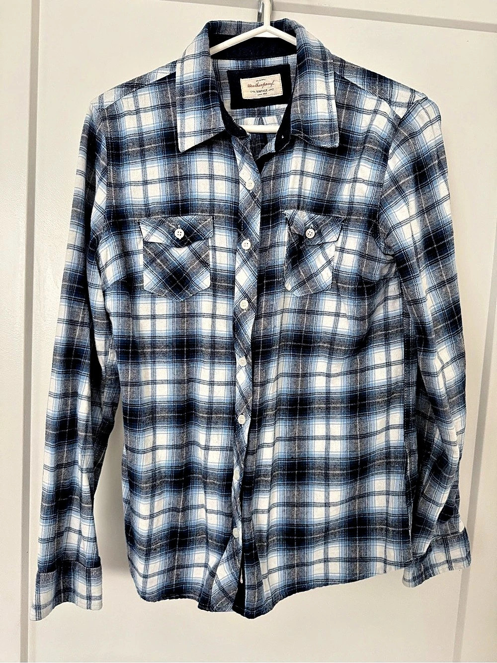 Weatherproof Vintage Plaid Button Down Blue & White Size Medium